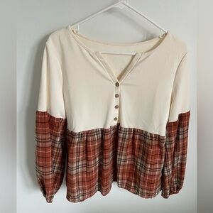 Cupshe Cream Top with Rust Plaid Hem and Sleeves
